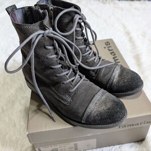 Tamaris Grey Suede Leather Lace Up Ankle Boots with Metallic Toes Size 6
